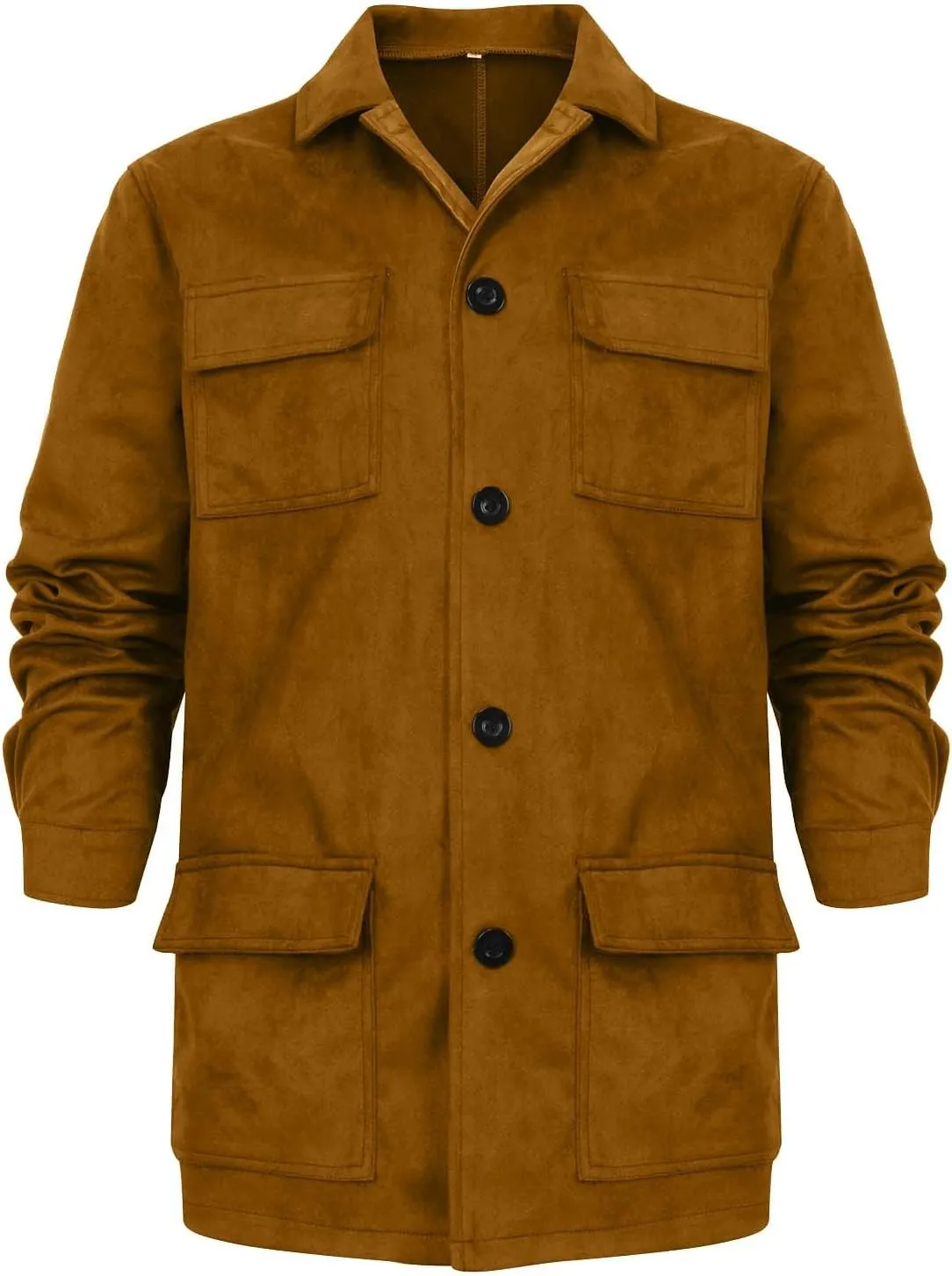 Mens Faux Suede Leather Jacket Single Breasted Button Down Solid Lapel Neck Outerwear Coat with Pocket for Wedding Prom