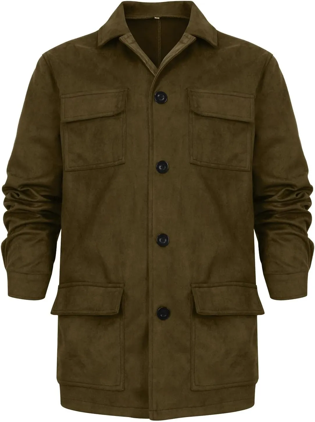 Mens Faux Suede Leather Jacket Single Breasted Button Down Solid Lapel Neck Outerwear Coat with Pocket for Wedding Prom