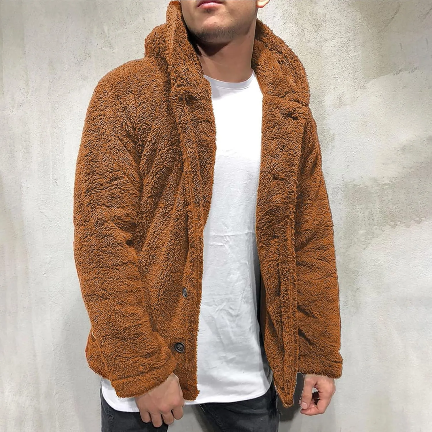 Mens Fluffy Fuzzy Jacket,Plush Fleece Casual Winter Fall Button Up Cardigan Coat Soft Sherpa Outerwear