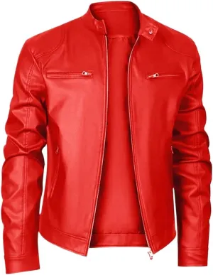 mens jackets casual stylish Stand Collar Fit Leather Jacket With Zipper Pockets
