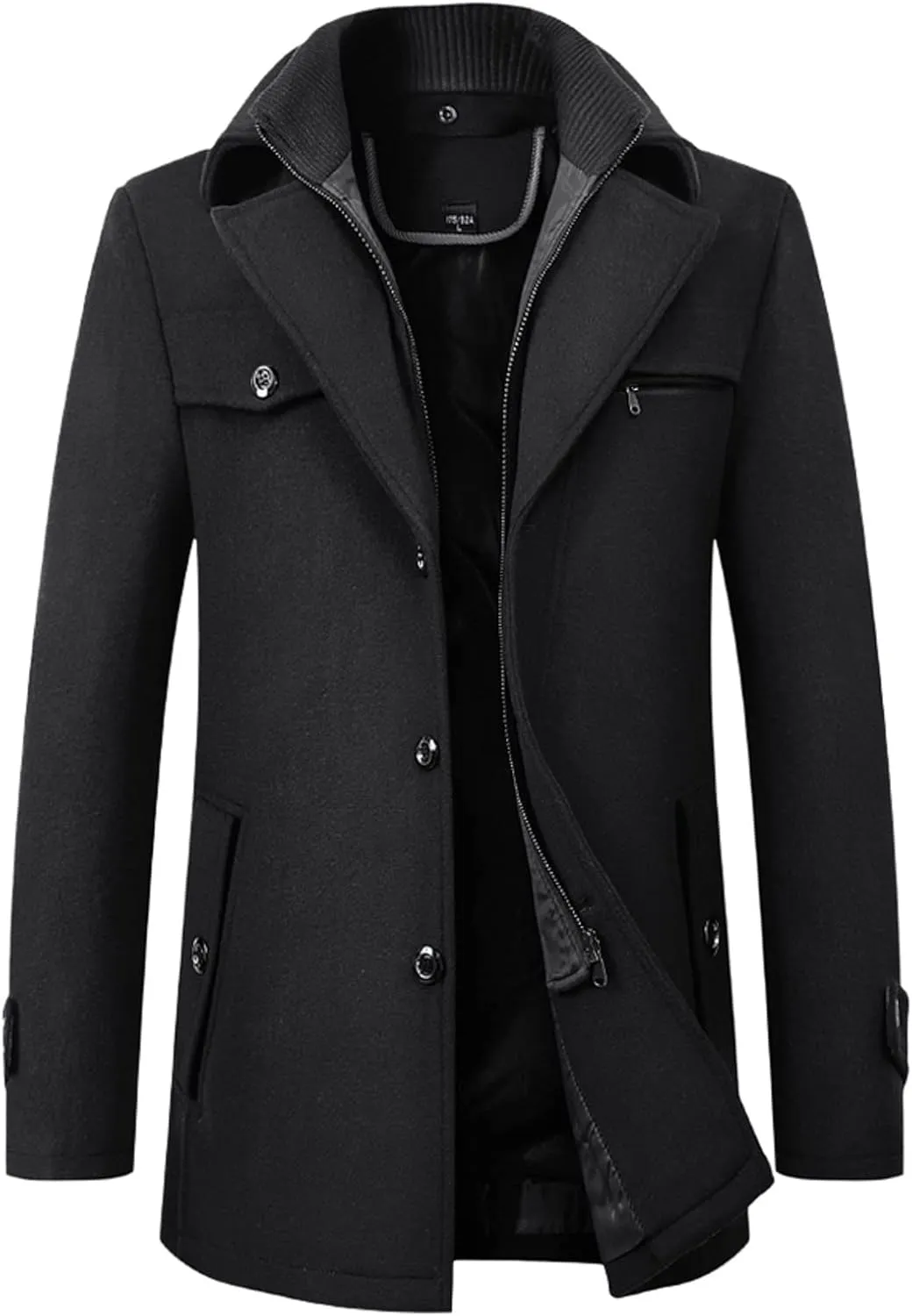 Mens Trench Coat Notched Lapel Collar Single Breasted Mid Long Length Pea Coat Casual Business Work Classic Overcoat