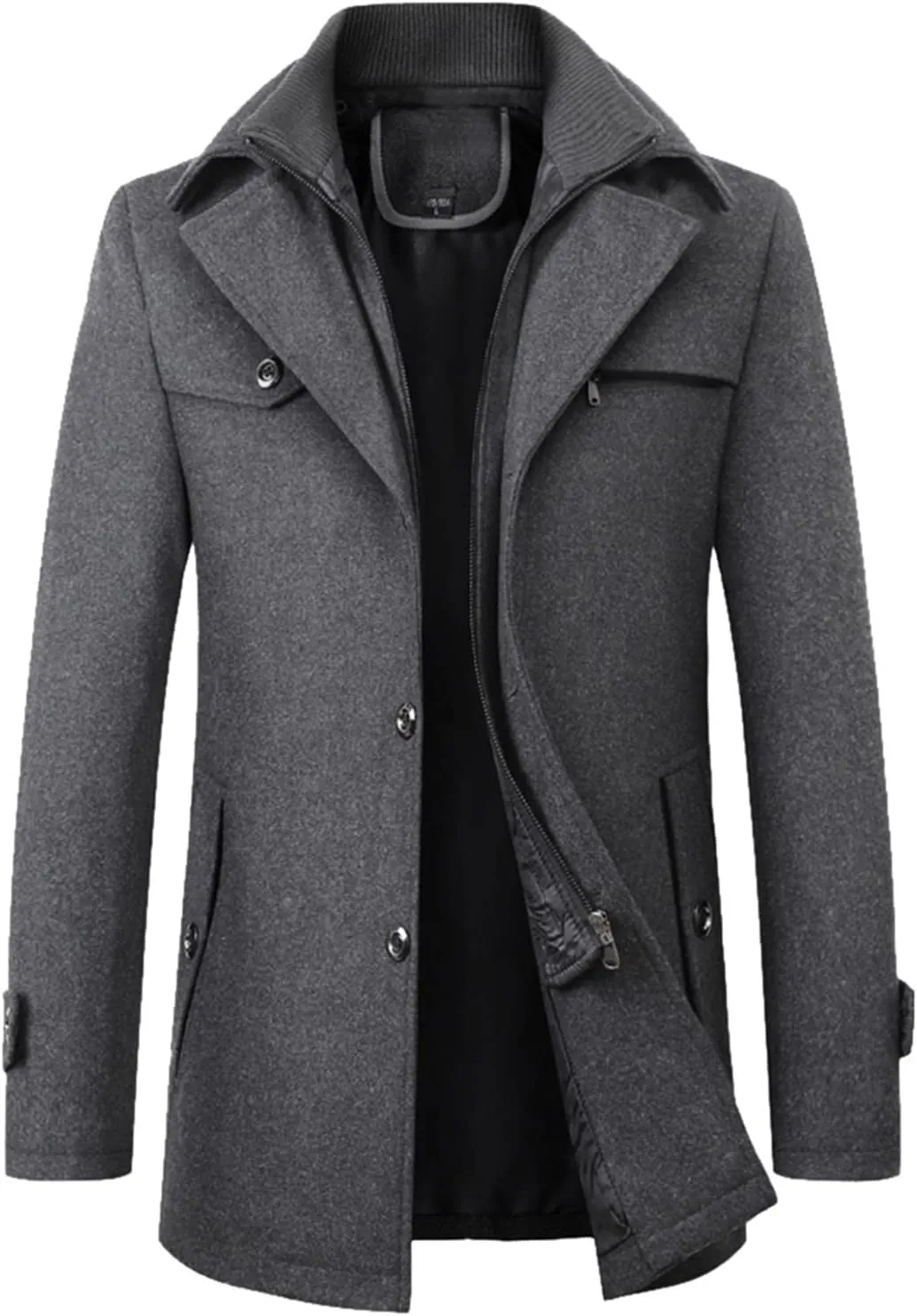 Mens Trench Coat Notched Lapel Collar Single Breasted Mid Long Length Pea Coat Casual Business Work Classic Overcoat