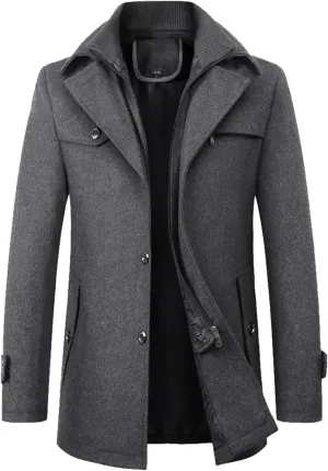 Mens Trench Coat Notched Lapel Collar Single Breasted Mid Long Length Pea Coat Casual Business Work Classic Overcoat