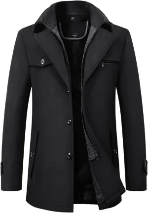 Mens Trench Coat Notched Lapel Collar Single Breasted Mid Long Length Pea Coat Casual Business Work Classic Overcoat