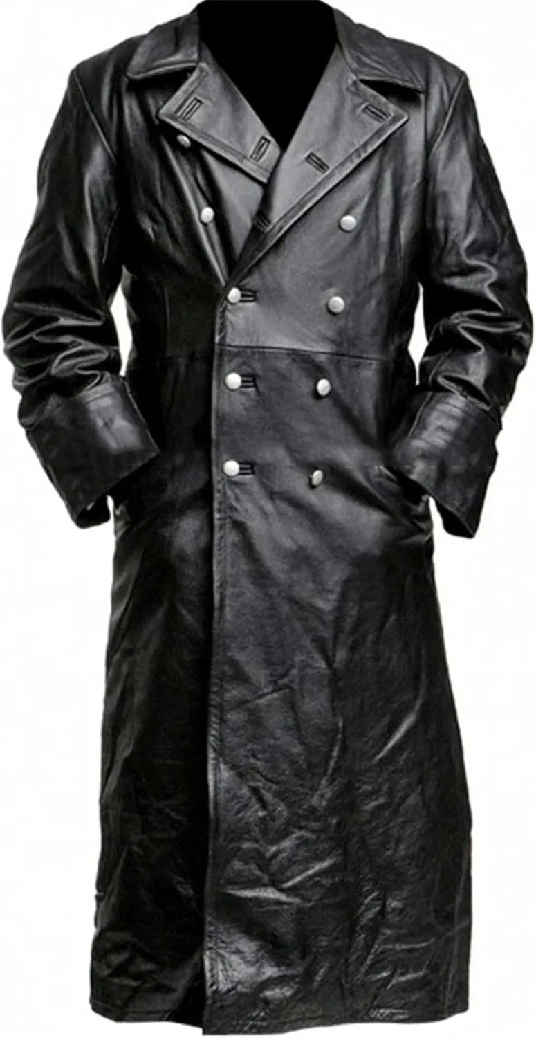 Mens Warm German Military Coat Vintage Classic Ww2 Officer Military Uniform Leather Long Trench Coat Jacket
