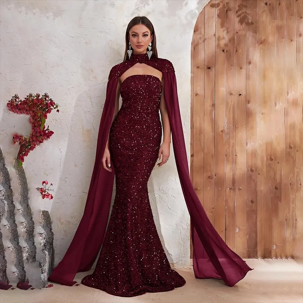 Mermaid Sequin Strapless Prom Dresses with Capes Halter Capes Chiffon Formal Evening Party Gowns for Women