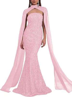 Mermaid Sequin Strapless Prom Dresses with Capes Halter Capes Chiffon Formal Evening Party Gowns for Women