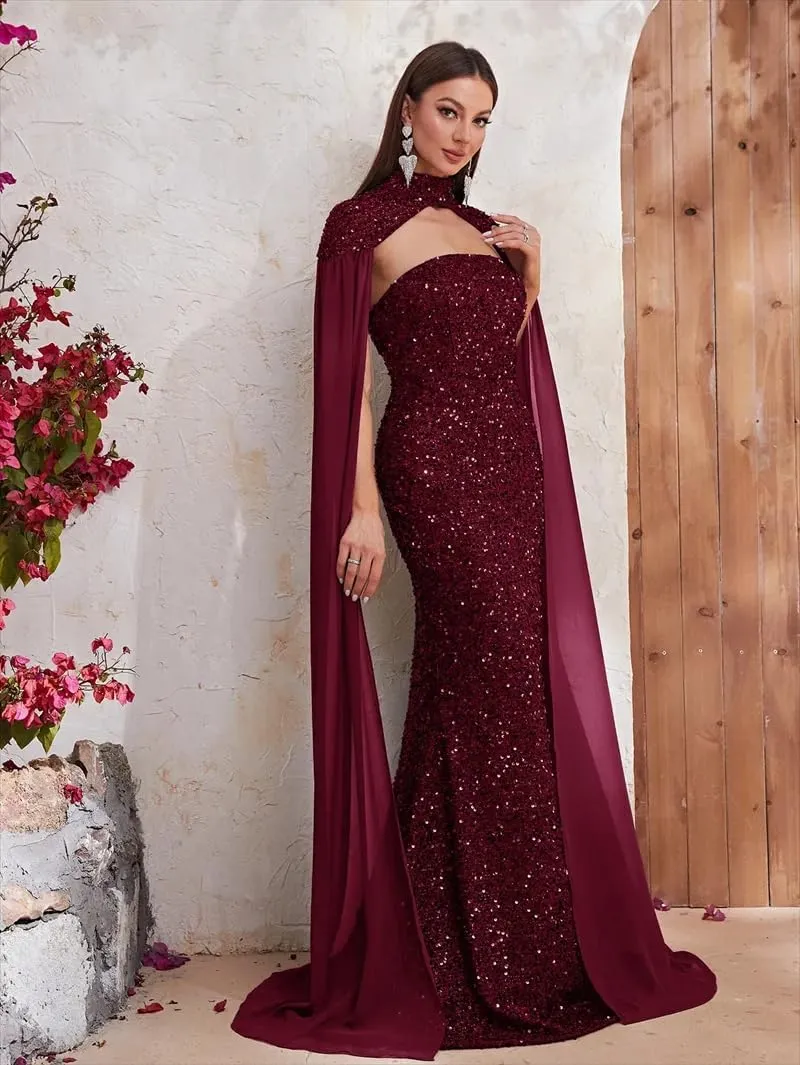 Mermaid Sequin Strapless Prom Dresses with Capes Halter Capes Chiffon Formal Evening Party Gowns for Women