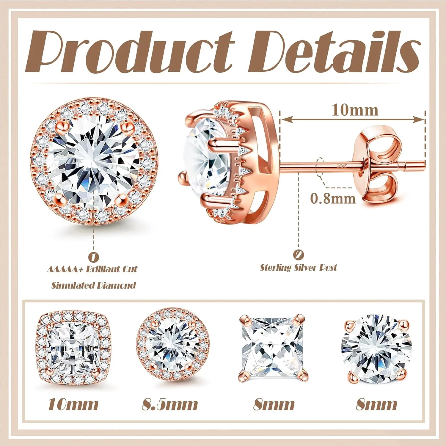 MILACOLATO Cubic Zirconia Stud Earrings for Women Men | 18K Gold Plated Hypoallergenic Sterling Silver Post Earrings | Big Brilliant Simulated Diamond CZ Halo Stud Earrings for Sensitive Ears