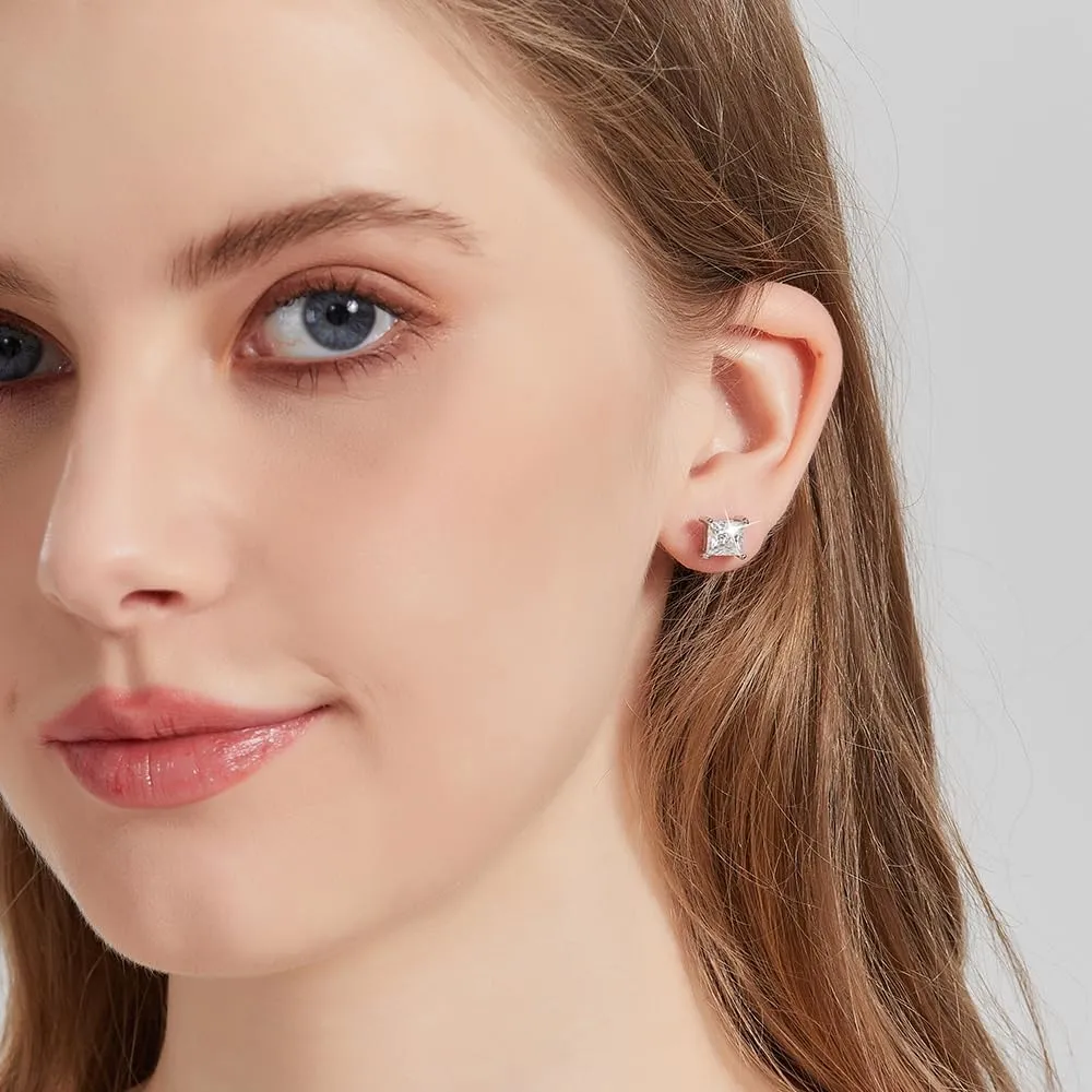 Moissanite Stud Earrings, 0.6CT-2.4CT /Pair Princess Cut D Color VVS1 Clarity Brilliant Lab Created Moissanite Earrings 925 Sterling Silver Screw Back Halo Moissanite Earrings for Women Men
