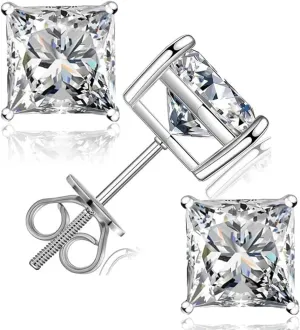 Moissanite Stud Earrings, 0.6CT-2.4CT /Pair Princess Cut D Color VVS1 Clarity Brilliant Lab Created Moissanite Earrings 925 Sterling Silver Screw Back Halo Moissanite Earrings for Women Men