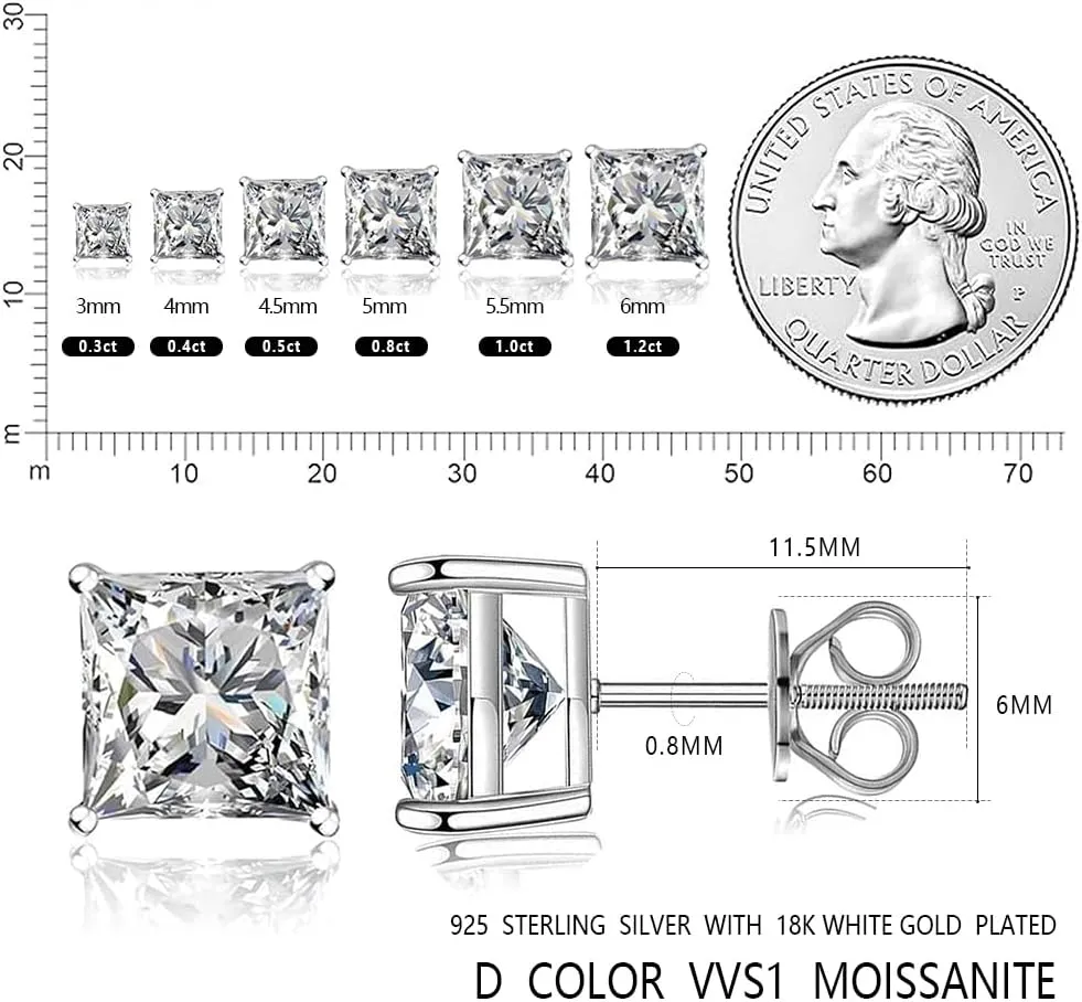 Moissanite Stud Earrings, 0.6CT-2.4CT /Pair Princess Cut D Color VVS1 Clarity Brilliant Lab Created Moissanite Earrings 925 Sterling Silver Screw Back Halo Moissanite Earrings for Women Men
