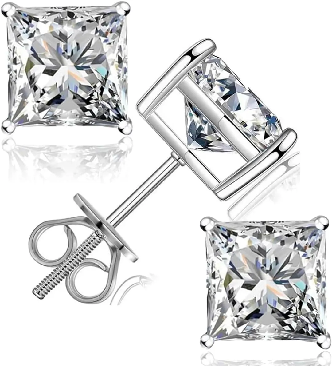 Moissanite Stud Earrings, 0.6CT-2.4CT /Pair Princess Cut D Color VVS1 Clarity Brilliant Lab Created Moissanite Earrings 925 Sterling Silver Screw Back Halo Moissanite Earrings for Women Men