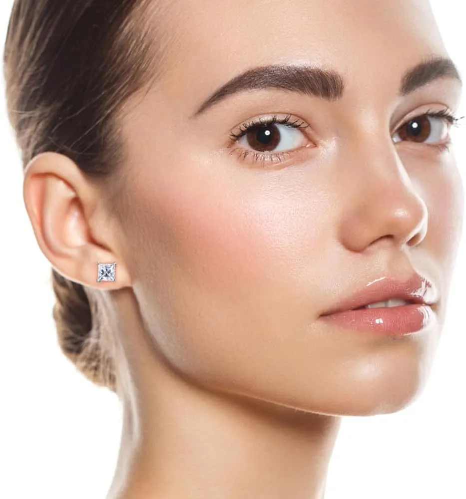 Moissanite Stud Earrings, 0.6CT-2.4CT /Pair Princess Cut D Color VVS1 Clarity Brilliant Lab Created Moissanite Earrings 925 Sterling Silver Screw Back Halo Moissanite Earrings for Women Men