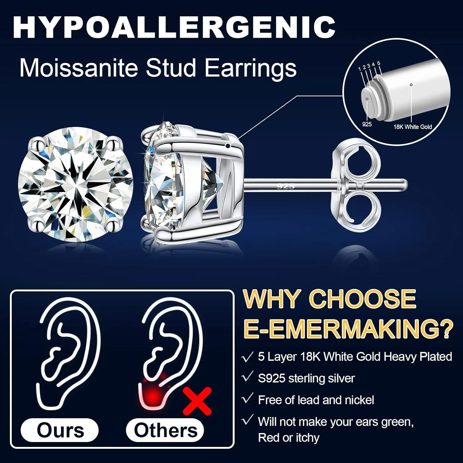 Moissanite Stud Earrings for Women, 0.2CT-8.0CT a Pair 18K White Yellow Gold Plated S925 Sterling Silver D Color VVS1 Clarity Brilliant Round Cut Hypoallergenic Anniversary Day Gifts for Women Men
