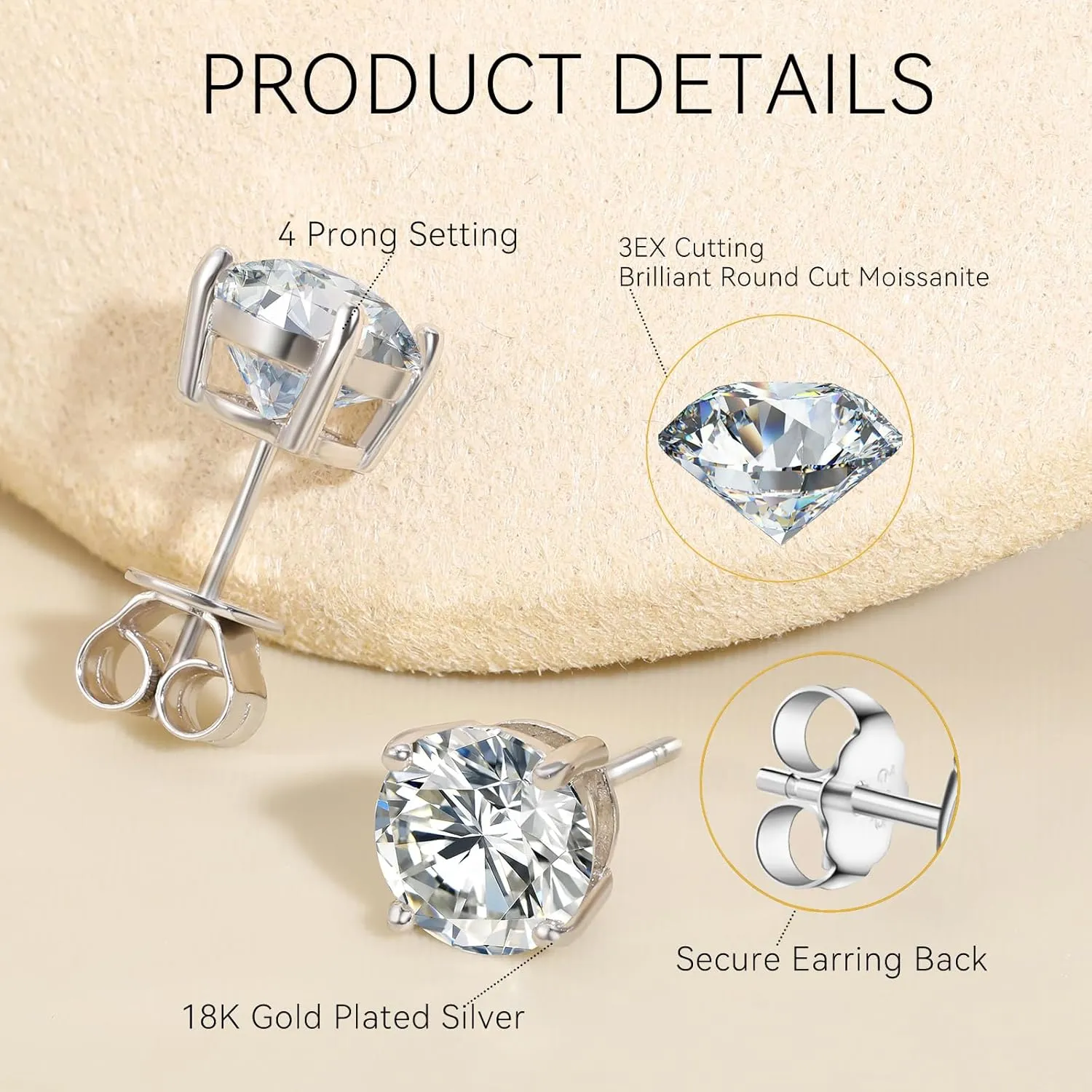 Moissanite Stud Earrings for Women, 0.2CT-8.0CT a Pair 18K White Yellow Gold Plated S925 Sterling Silver D Color VVS1 Clarity Brilliant Round Cut Hypoallergenic Anniversary Day Gifts for Women Men