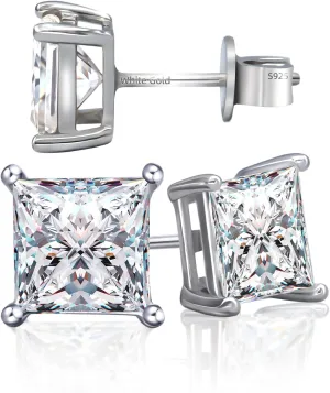 Moissanite Stud Earrings, Lab Created Princess Cut Moissanite, 18K White Gold Plated S925 Sterling Silver, D Color VVS1 Clarity Brilliant Earrings Men, Idea Jewelry Gifts for Women Men