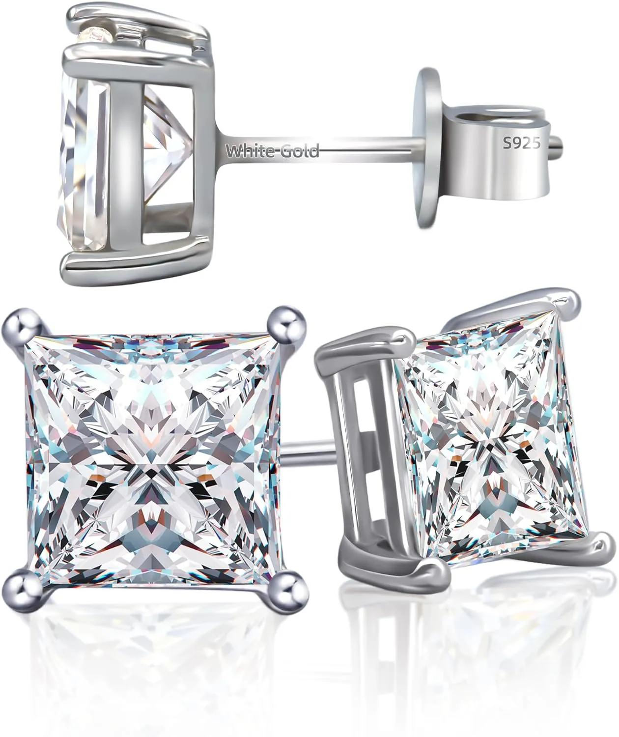 Moissanite Stud Earrings, Lab Created Princess Cut Moissanite, 18K White Gold Plated S925 Sterling Silver, D Color VVS1 Clarity Brilliant Earrings Men, Idea Jewelry Gifts for Women Men