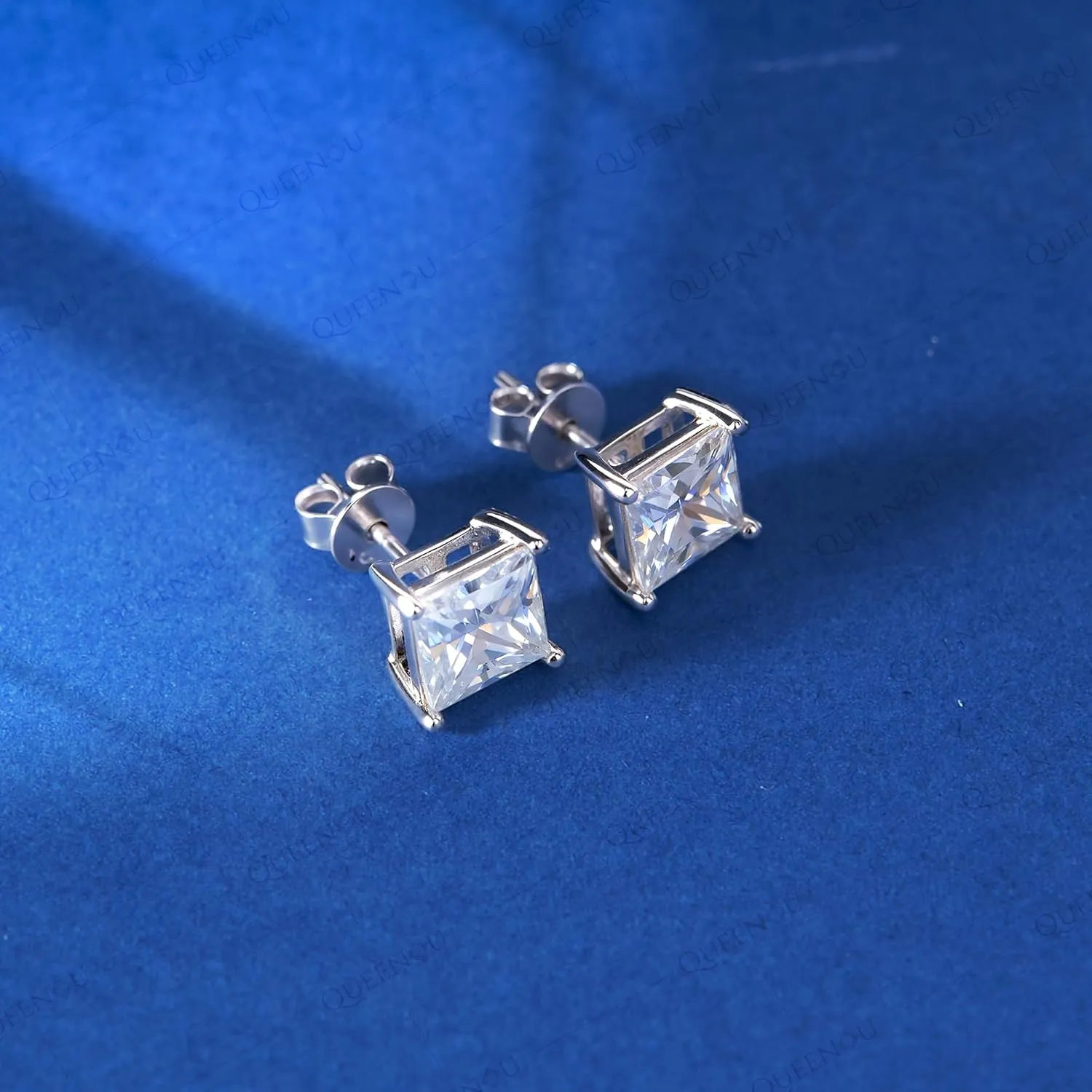 Moissanite Stud Earrings, Lab Created Princess Cut Moissanite, 18K White Gold Plated S925 Sterling Silver, D Color VVS1 Clarity Brilliant Earrings Men, Idea Jewelry Gifts for Women Men