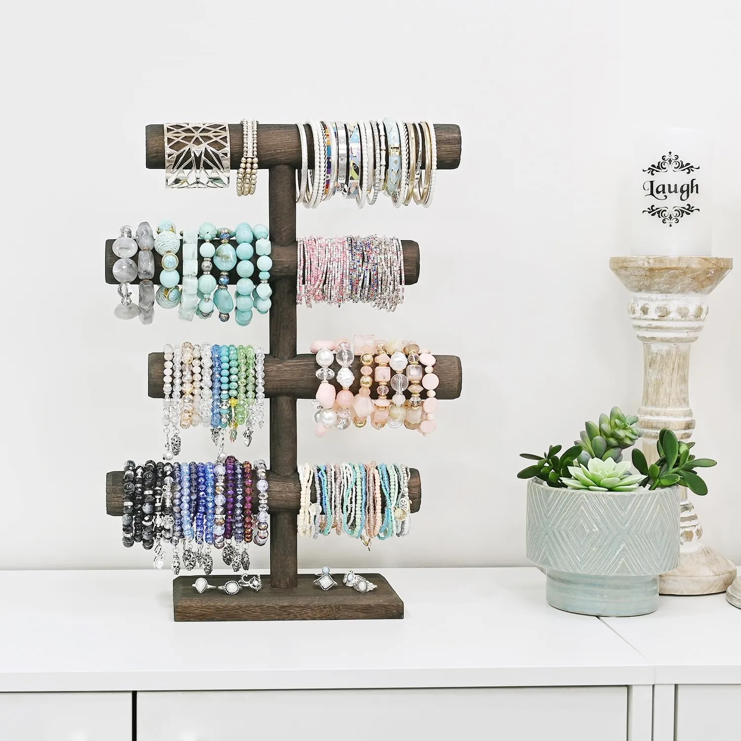 MOOCA 4-Tier Wooden Jewelry Display Stand, Bracelets, Necklaces, Watches, Bangles Holder Stand, Accessory Display Storage Organizer, Dark Brown Color