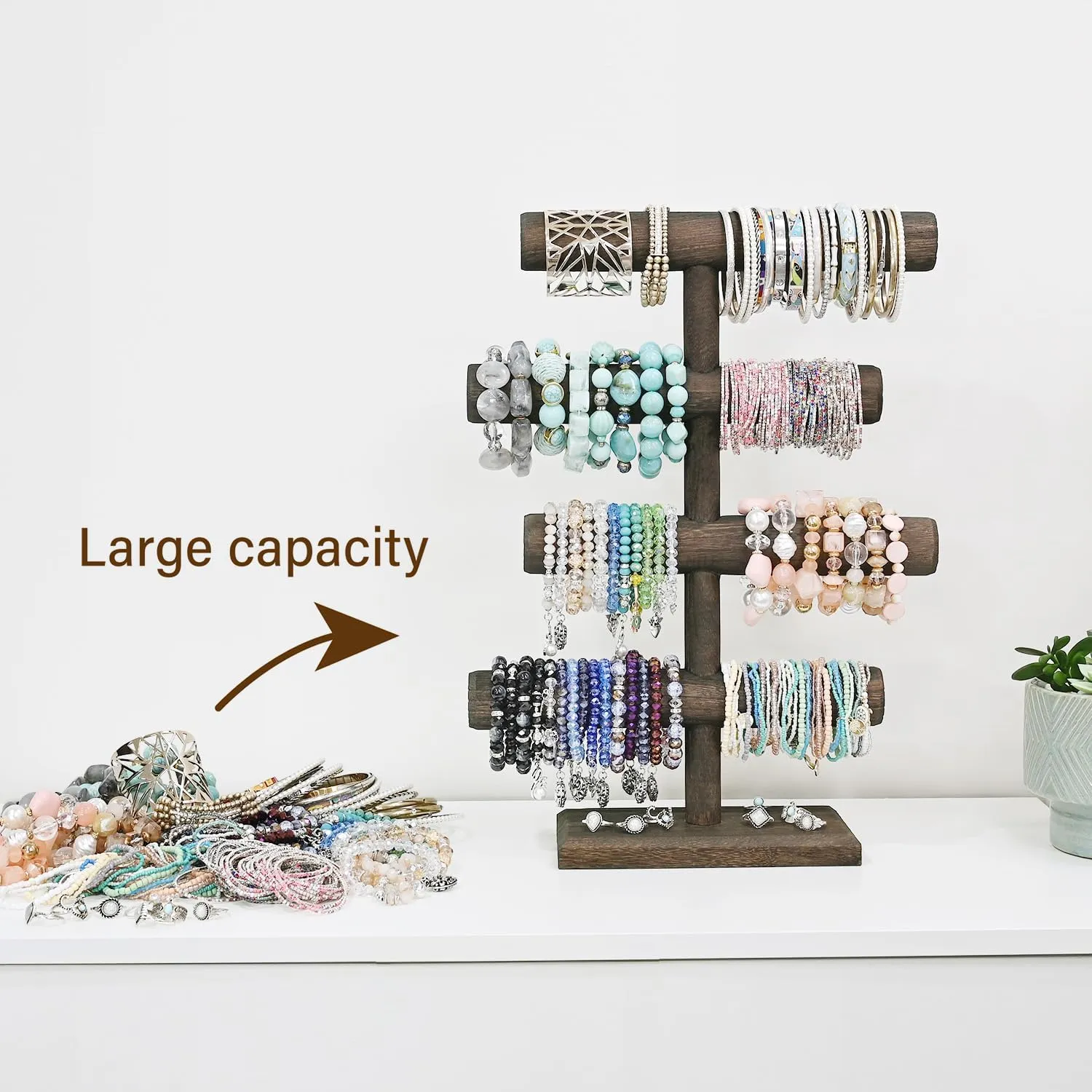 MOOCA 4-Tier Wooden Jewelry Display Stand, Bracelets, Necklaces, Watches, Bangles Holder Stand, Accessory Display Storage Organizer, Dark Brown Color