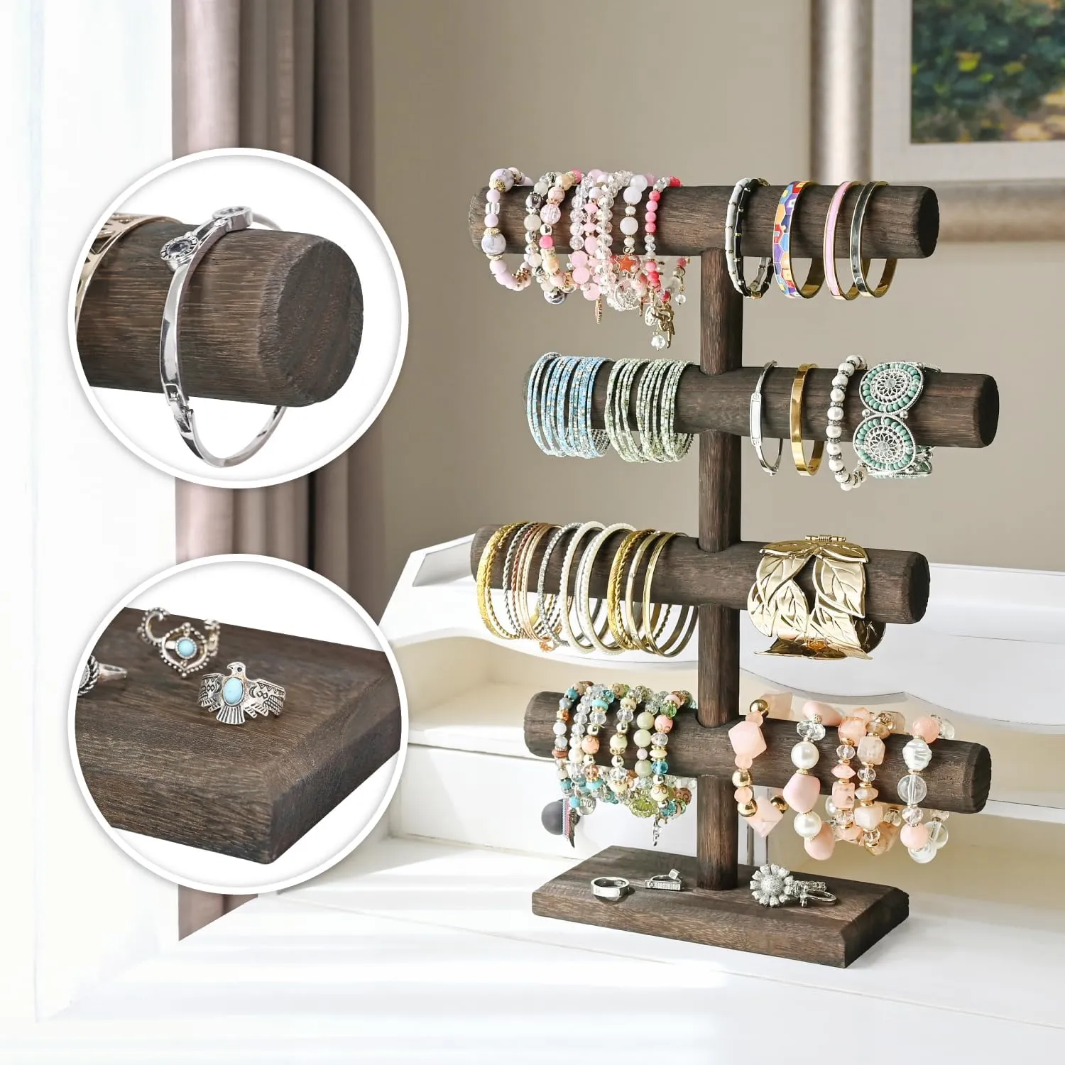MOOCA 4-Tier Wooden Jewelry Display Stand, Bracelets, Necklaces, Watches, Bangles Holder Stand, Accessory Display Storage Organizer, Dark Brown Color