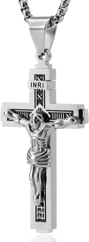 MOOSKI Crucifix Cross Necklace for Men,Silver Gold Jesus on INRI Mens Cross Necklaces with 3mm Cross Chain and Stainless Steel Cross Pendant Jewelry Gifts,Rolo Chain 22-24 Inch