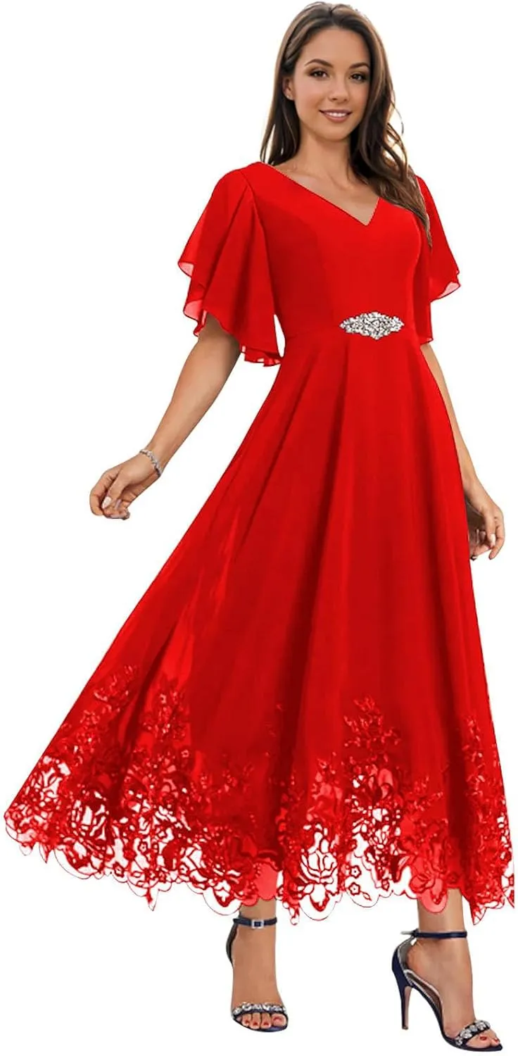 Mother of The Bride Dresses for Wedding for Women Tea Length Chiffon Lace Appliques Formal Evening Dresses