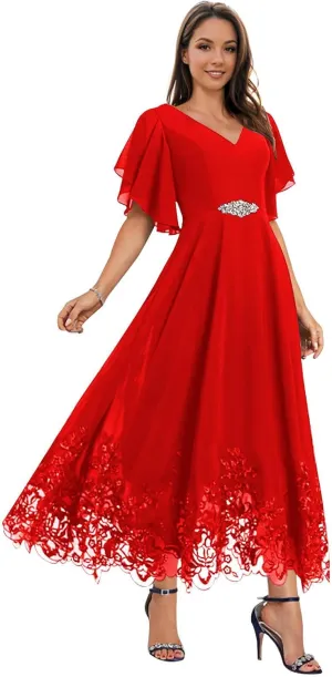 Mother of The Bride Dresses for Wedding for Women Tea Length Chiffon Lace Appliques Formal Evening Dresses