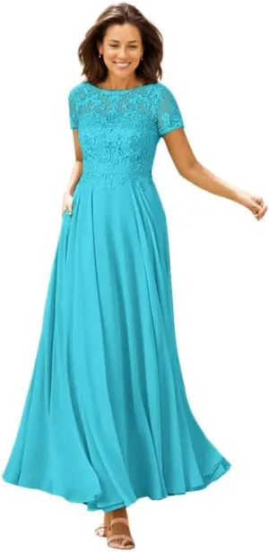 Mother of The Bride Dresses for Wedding Lace Applique Short Sleeve Chiffon A-line Long Formal Mother of The Groom Dress