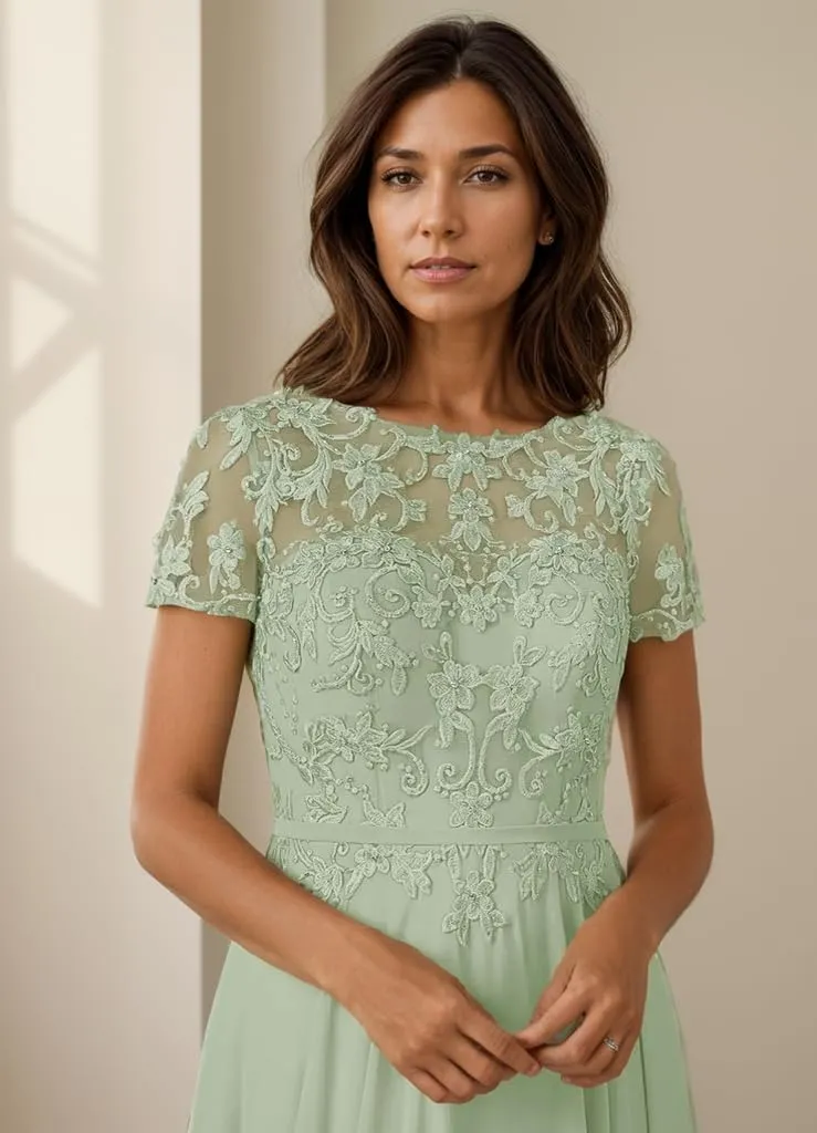 Mother of The Bride Dresses for Wedding Lace Applique Short Sleeve Chiffon A-line Long Formal Mother of The Groom Dress
