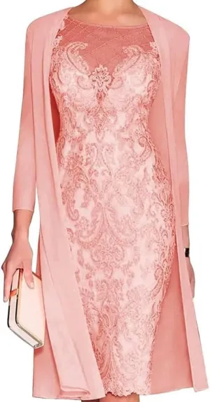 Mother of The Bride Dresses with Jackets Women's Tea Length Lace Chiffon Wedding Guest Dress 2 Pieces Evening Gowns LVY007