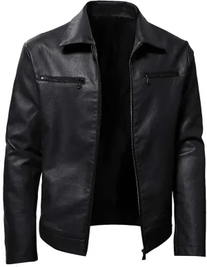 Motorcycle Jacket Men Leather Classic Jacket Solid Zipper Casual Coat Lapel Classic Stylish Lightweight Outwear Coats