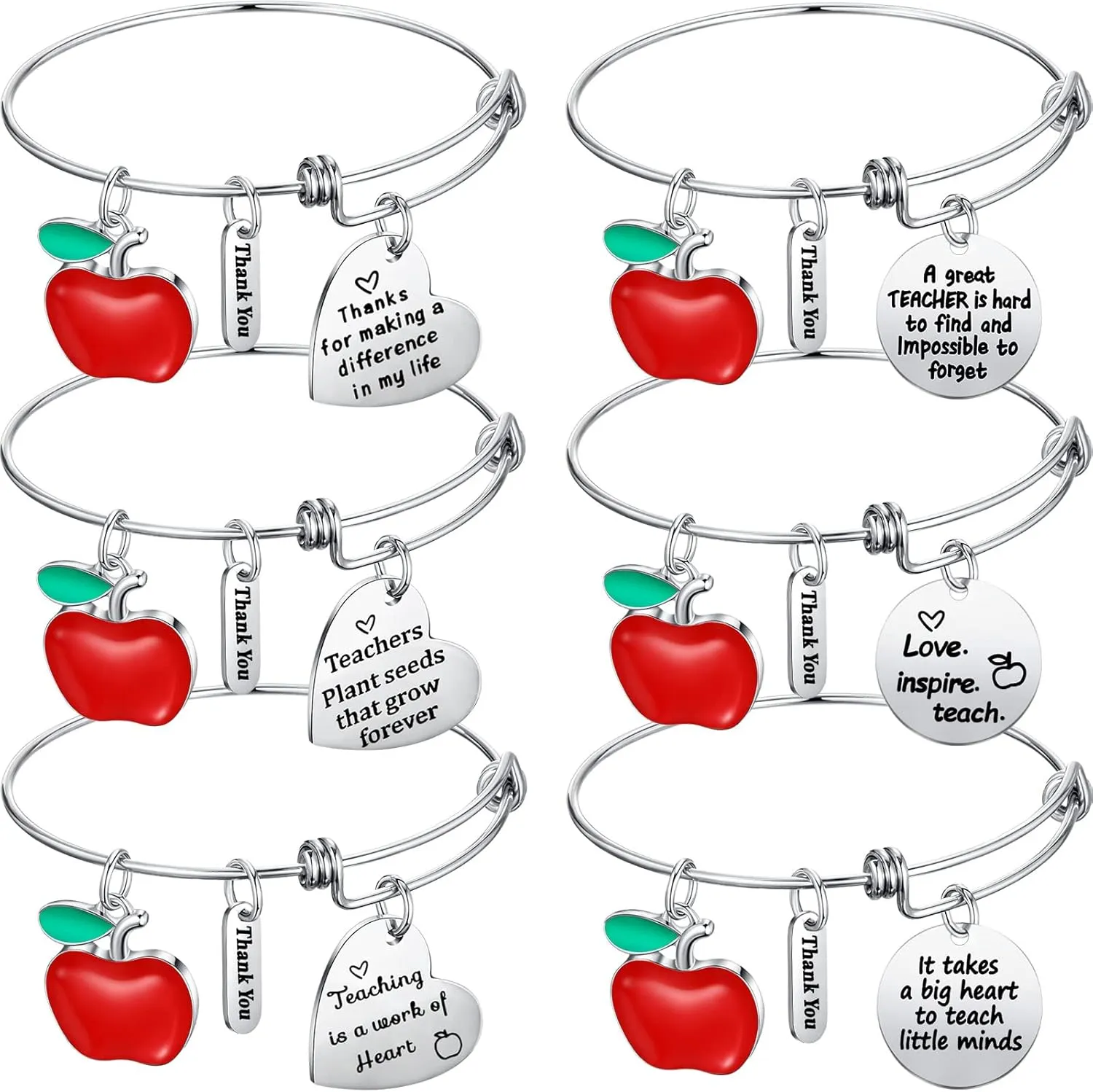 MTLEE 6 Pcs Teacher Appreciation Bracelets Gifts, Thank You Teacher Bangles Bulk for Women, Christmas End of Year Valentine Graduation Thank You Gifts