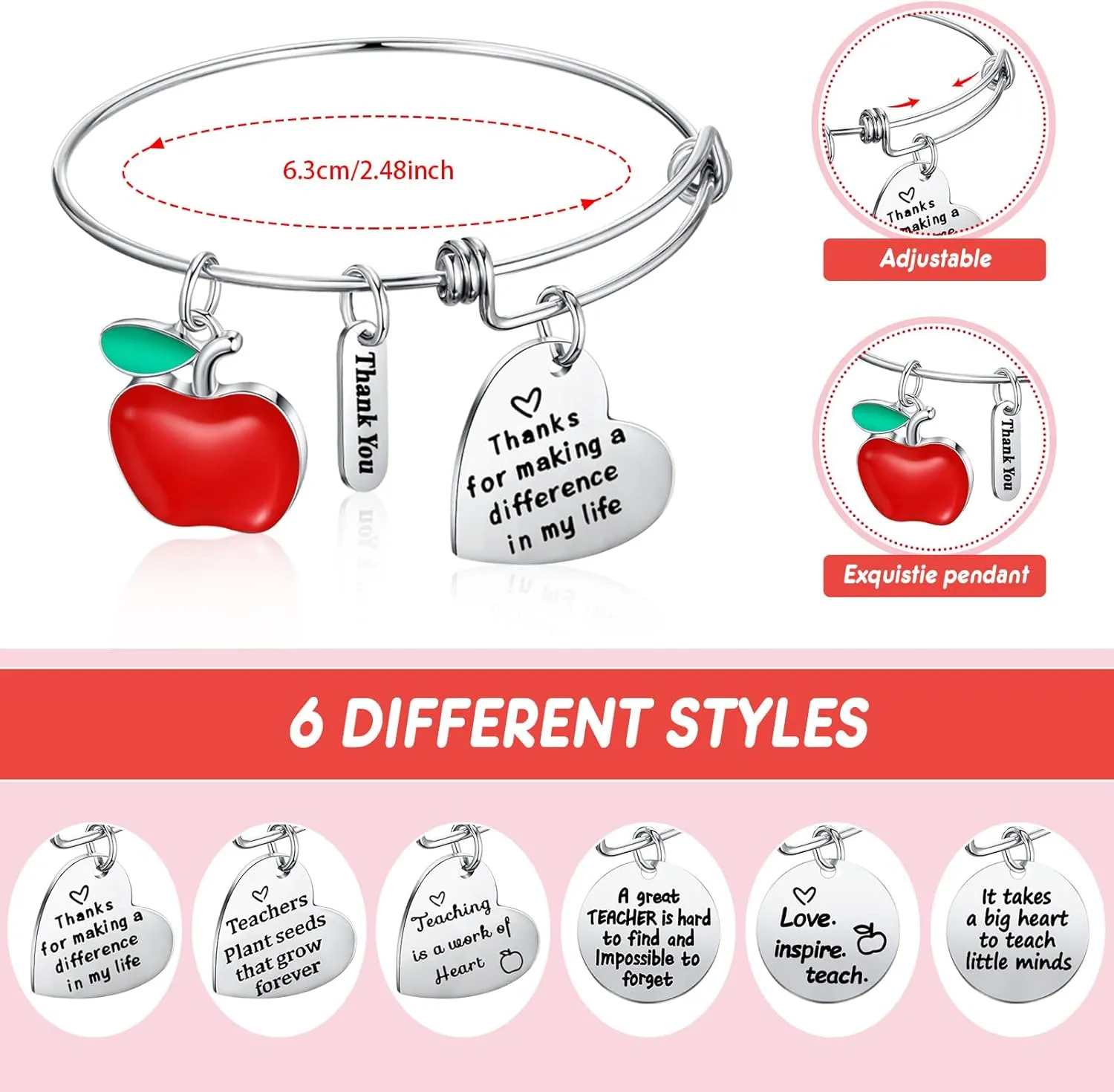 MTLEE 6 Pcs Teacher Appreciation Bracelets Gifts, Thank You Teacher Bangles Bulk for Women, Christmas End of Year Valentine Graduation Thank You Gifts