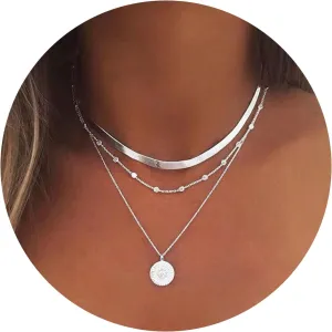 Multi-layered Snake Chain Necklace for Women Silver Coin Pendant Choker Necklace Metal Bead Chain with Dainty Boho Choker Body Jewelry for Womens (silver-coin)