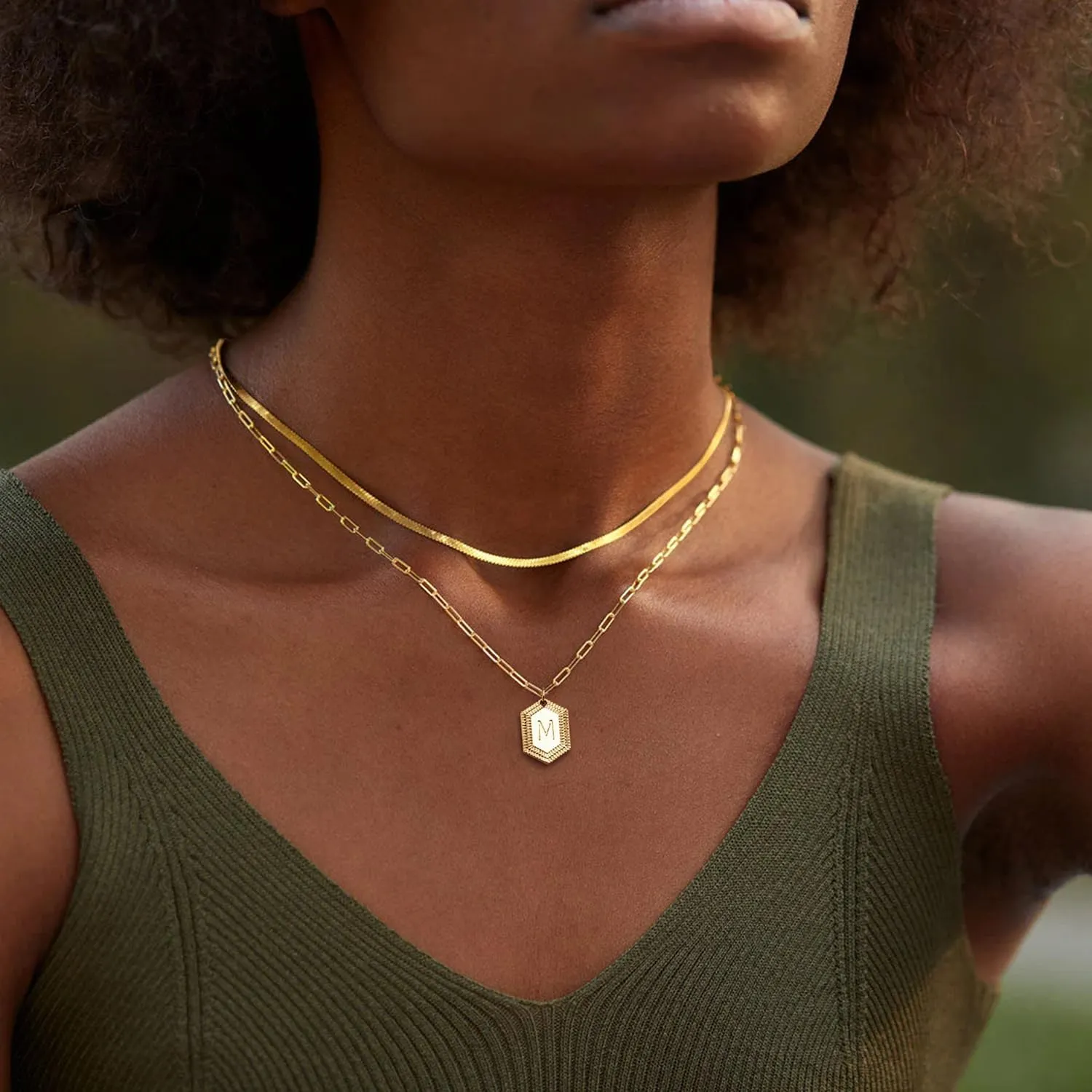 MYEARS Women Layered Necklace Gold Italian Snake Chain Choker Initial Hexagon Halo Radiant Pendant 14K Gold Plated Simple Dainty Paperclip Everyday Trendy Jewelry Letter A-Z