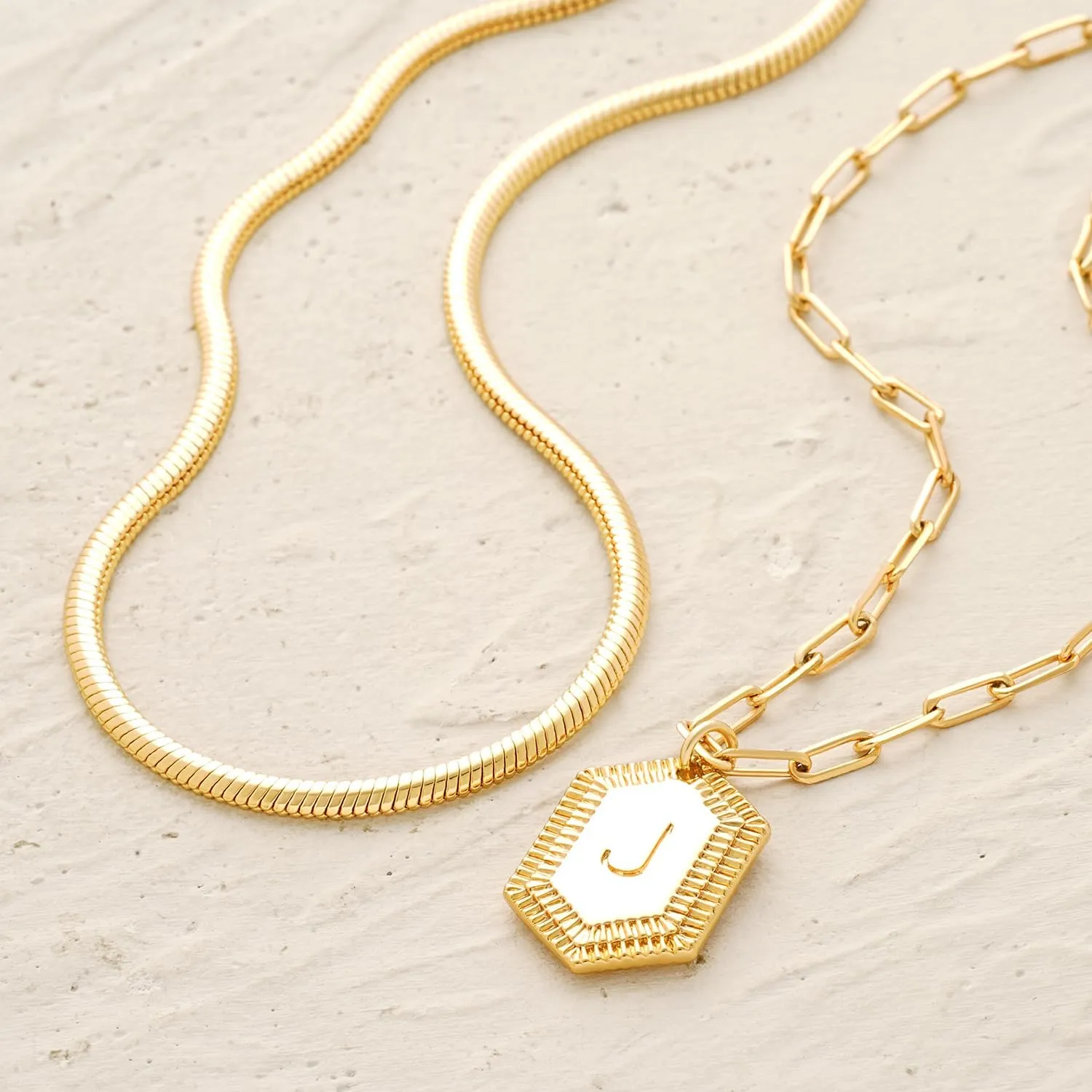 MYEARS Women Layered Necklace Gold Italian Snake Chain Choker Initial Hexagon Halo Radiant Pendant 14K Gold Plated Simple Dainty Paperclip Everyday Trendy Jewelry Letter A-Z