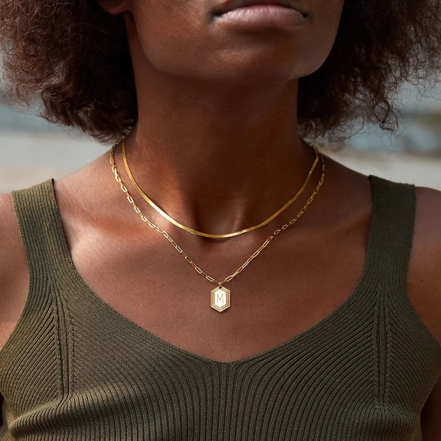 MYEARS Women Layered Necklace Gold Italian Snake Chain Choker Initial Hexagon Halo Radiant Pendant 14K Gold Plated Simple Dainty Paperclip Everyday Trendy Jewelry Letter A-Z