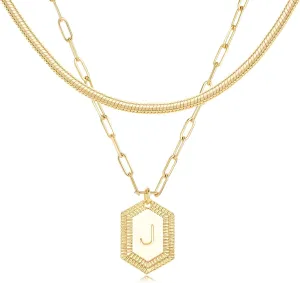 MYEARS Women Layered Necklace Gold Italian Snake Chain Choker Initial Hexagon Halo Radiant Pendant 14K Gold Plated Simple Dainty Paperclip Everyday Trendy Jewelry Letter A-Z