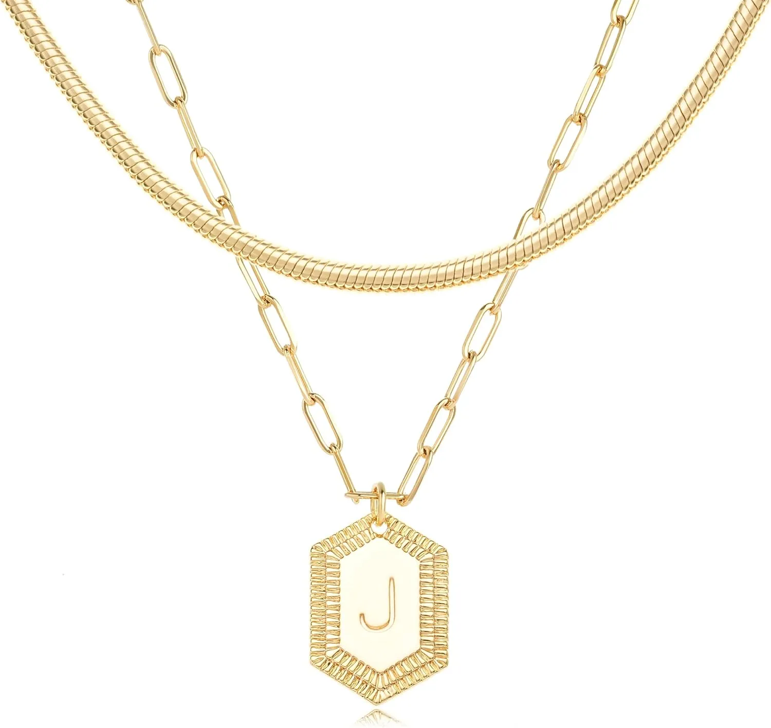 MYEARS Women Layered Necklace Gold Italian Snake Chain Choker Initial Hexagon Halo Radiant Pendant 14K Gold Plated Simple Dainty Paperclip Everyday Trendy Jewelry Letter A-Z