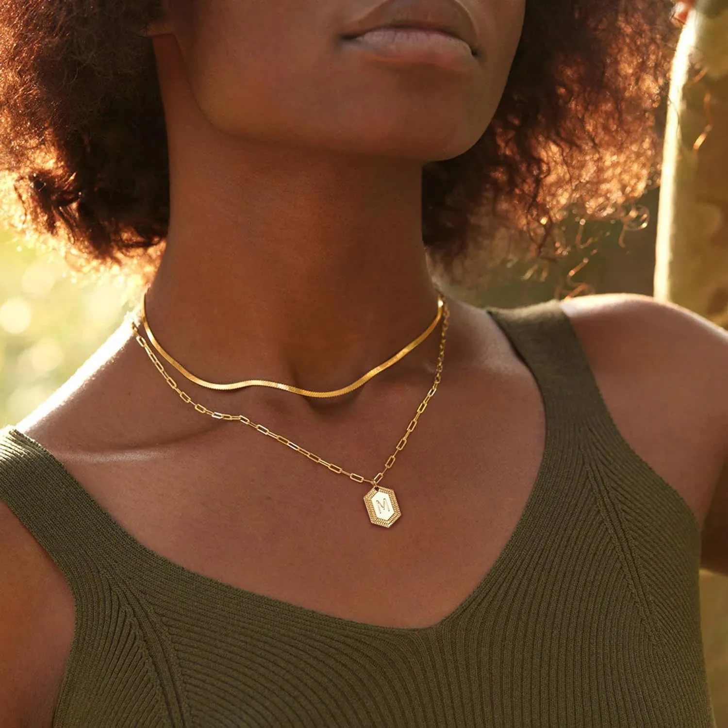 MYEARS Women Layered Necklace Gold Italian Snake Chain Choker Initial Hexagon Halo Radiant Pendant 14K Gold Plated Simple Dainty Paperclip Everyday Trendy Jewelry Letter A-Z