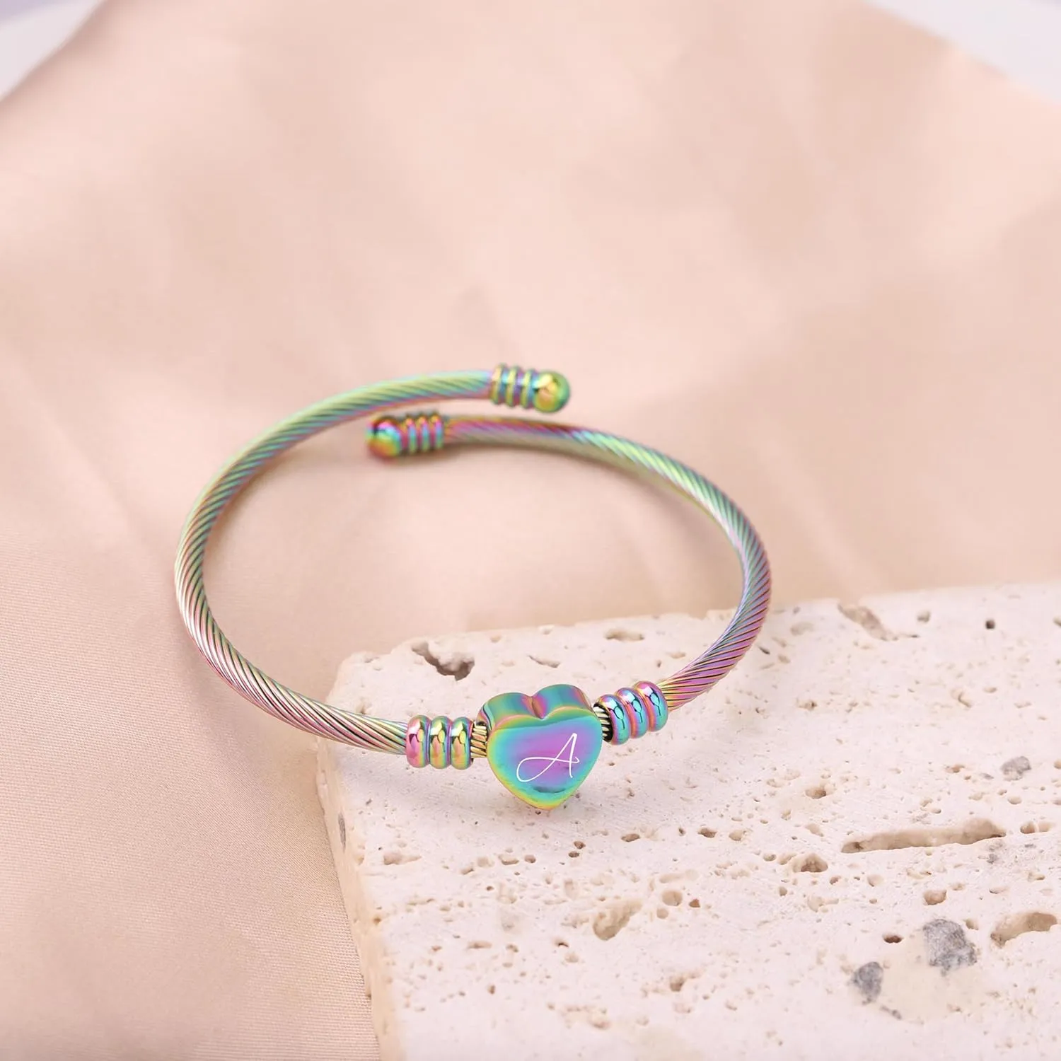 MYNENEY Gold/Rainbow Stainless Steel Bangles Jewery for Birthday Halloween Heart Initial A-Z Letters Bracelets for Girls