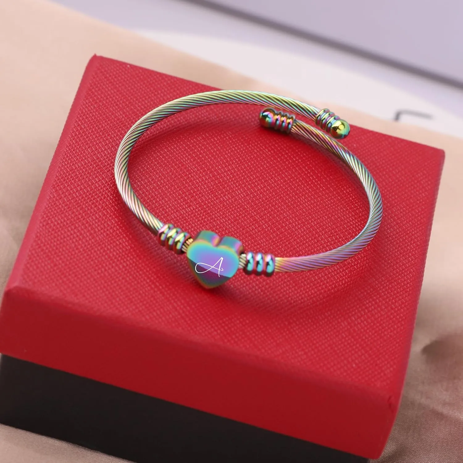 MYNENEY Gold/Rainbow Stainless Steel Bangles Jewery for Birthday Halloween Heart Initial A-Z Letters Bracelets for Girls