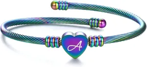 MYNENEY Gold/Rainbow Stainless Steel Bangles Jewery for Birthday Halloween Heart Initial A-Z Letters Bracelets for Girls