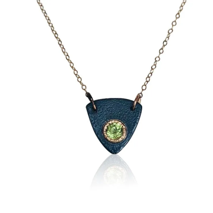 NAM1-"Right Here. Right Now" Oxidized SS and 14KT Gold w Peridot Necklace.