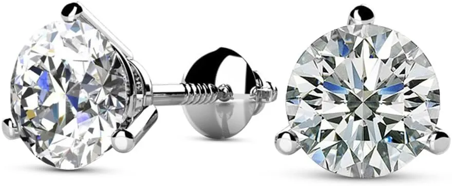 Natural Round Brilliant Solitaire Diamond Stud Earrings for Women 3 Prong Martini Cocktail Screw Back (I-J Color I1 Clarity)