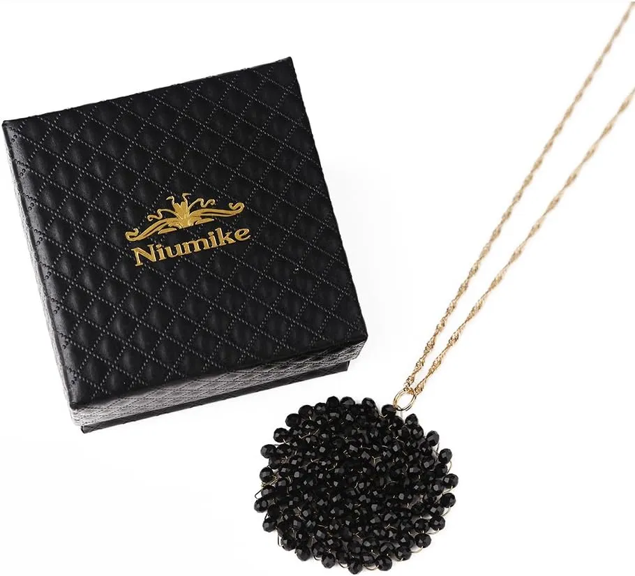 Niumike Handmade Crystal Circle Pendant Necklace for Women Disc Long Statement Necklaces with Box