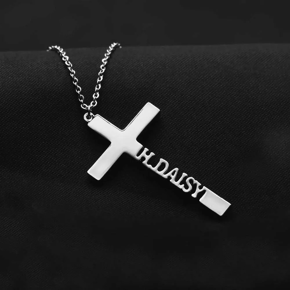 NOUMANDA Stainless Steel Personalized Custom Cross Name Necklaces Sideways Cross Nameplate Pendant Jewelry