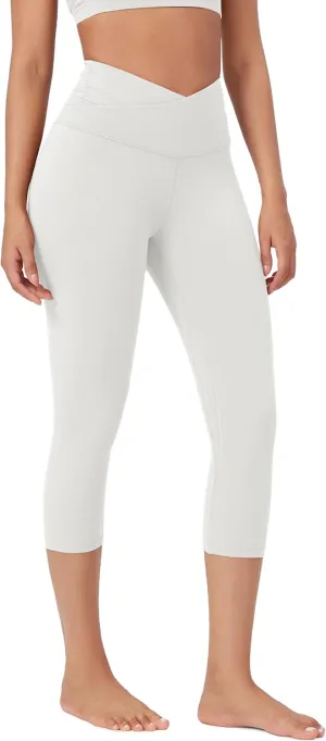 ODODOS Women's Cross Waist Yoga Capris with Inner Pocket, 19" Inseam Gathered Crossover Workout Cropped Yoga Pants